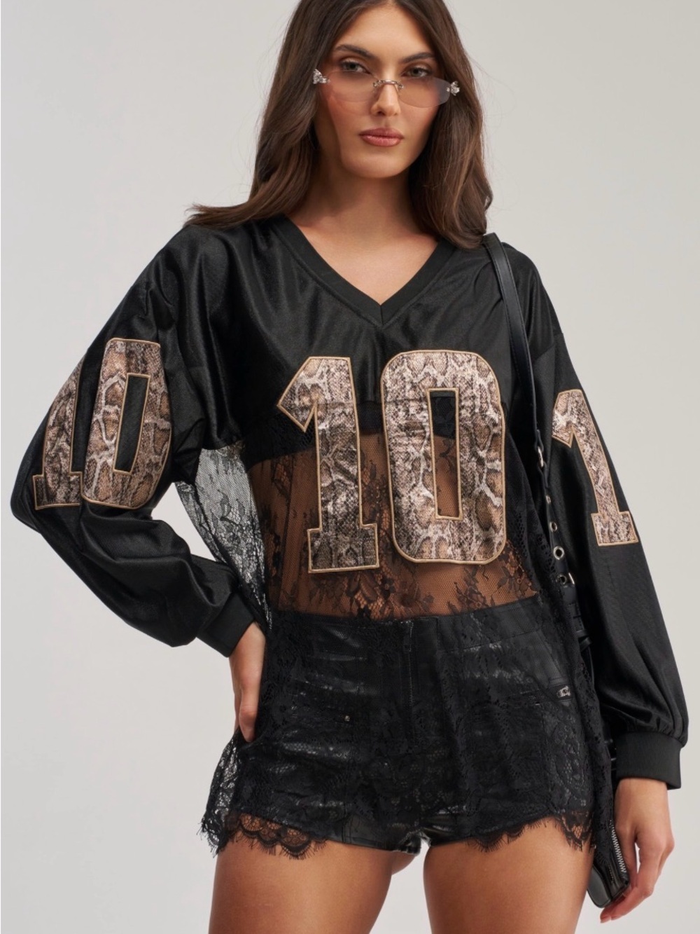 AKIRA Black Lace Mesh Jersey with Snake-Print '10' Appliqué